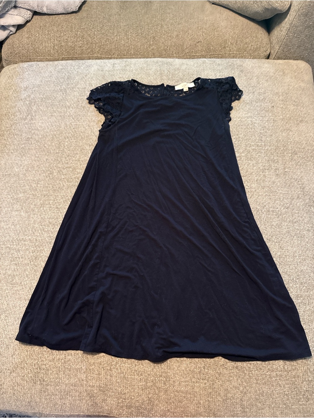 LOFT Navy Blue Lace Flutter Sleeve Swing Dress Small Soft Knit